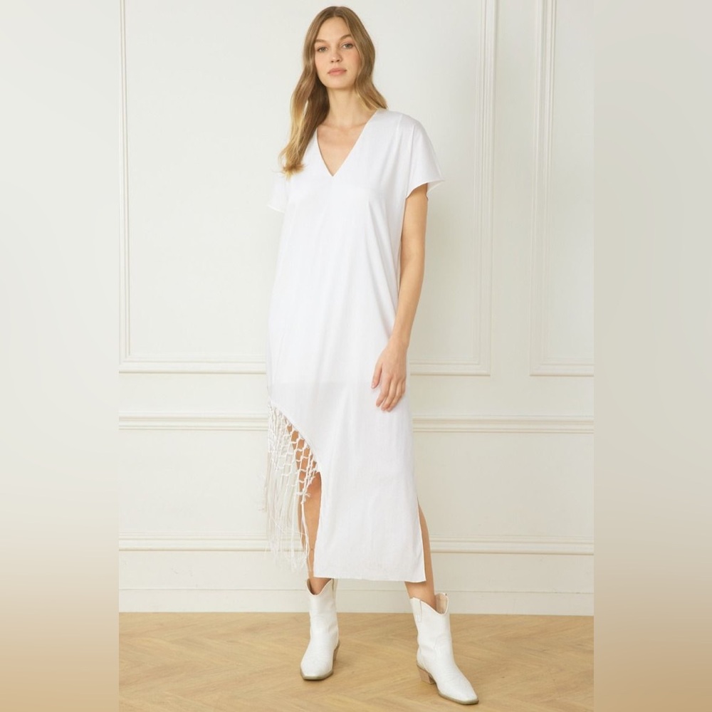 Entro V-neck short sleeve midi dress featuring braided fringe detail